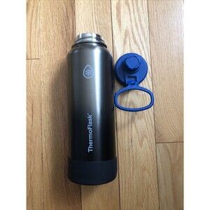 ThermoFlask Insulated Stainless Steel Gray Water Bottle Screw-on Lid Blue Top